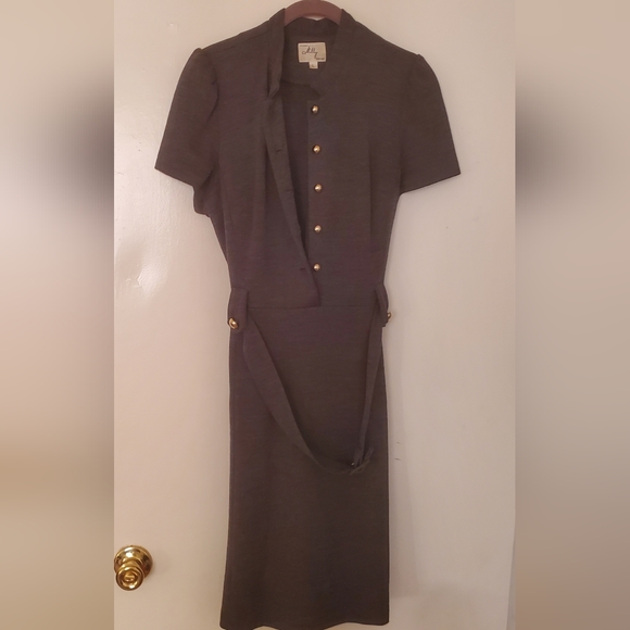 An Original Milly of New York Gray Wool Short Cap Sleeve Gold Button Dress. - Picture 3 of 15